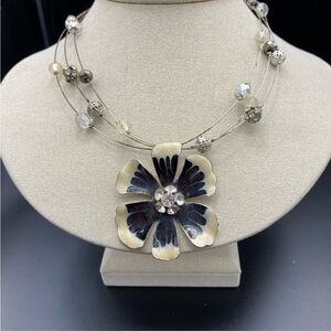 Liquid Silver DAISY Pendant Black and White enamel rhinestone center pendant